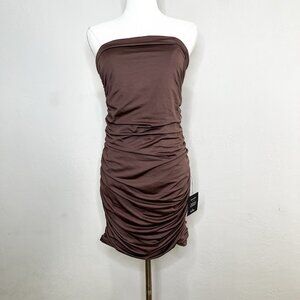 Lulus Exemplary Charm‎ Brown Strapless Ruched Bodycon Mini Dress Size Large NEW